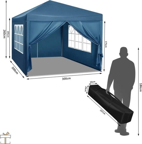 Partytent met Zijwanden - Easy Up Opvouwbaar Paviljoen - Waterdicht en Weerbestendig - Blauw - 3x3m