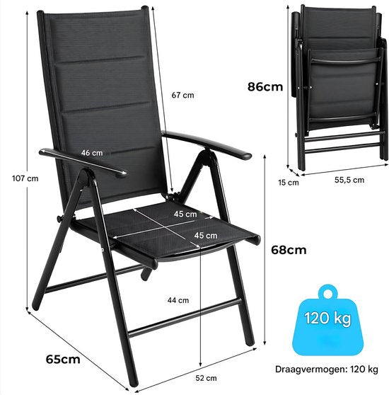 Tuinstoelen Tavien set van 2 - Inklapbaar - Lounge stoel - Rugleuning met 7 verstelbare instellingen, met armleuningen, weerbestendige buitenstoel aluminium structuur - Zwart