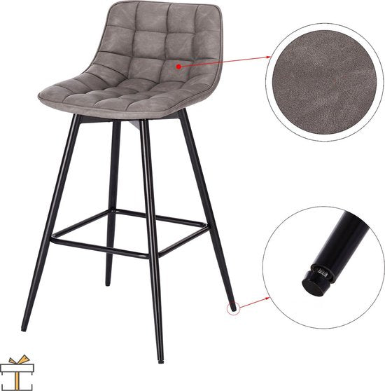 Leren Barkrukken - Grijs - Rugleuning - Industrieel - 43x35x88cm - Set van 2