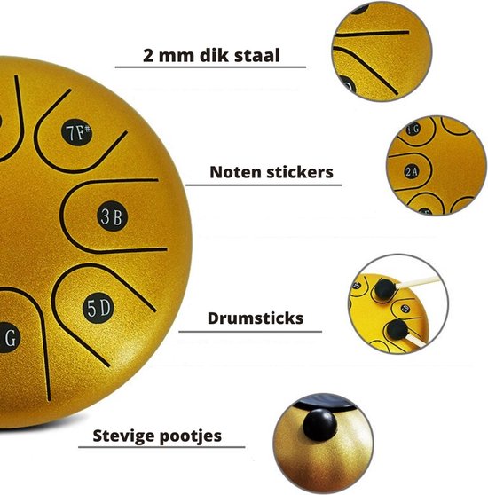 Happyment Stalen Tongdrum - Tongtrommel - Schijftrommel - Tong Drummer - Steel Tongue Drum - Klankschaal - Percussie Instrument - Handpan - Inclusief Drumsticks en Opbergtas - 8 Noten - 20cm - Goud