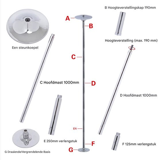 Paaldans paal - Dance pole - Strippaal - Danspaal - Paaldanspaal - 45 mm - Verstelbaar - Trainingspaal - Van 2,35 m tot 2,74 m