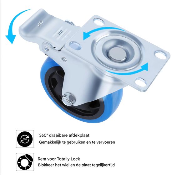 Zwenkwielen met rem - Set van 8 - 100 mm - Set van 4 - Transportrollen - Zware wielen - 150KG Draagvermogen