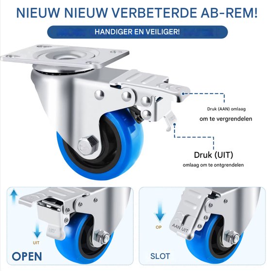 Zwenkwielen met rem - Set van 4 - 125 mm - Set van 4 - Transportrollen - Zware wielen - 170KG Draagvermogen