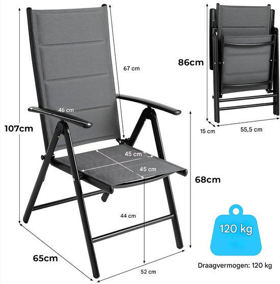 Tuinstoelen set Valora van 2 - Inklapbaar - Lounge stoel - Rugleuning met 7 verstelbare instellingen, met armleuningen, weerbestendige buitenstoel aluminium structuur - Donkergrijs