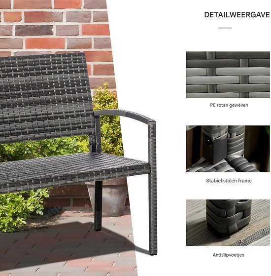 Tuin bank Valora - Twee zits bankje - Voor Buiten & Veranda - All-Weather PU-Rieten Design met Stalen Frame - Lichtgewicht en Eenvoudige Montage - Tuinmeubilair - Grijs