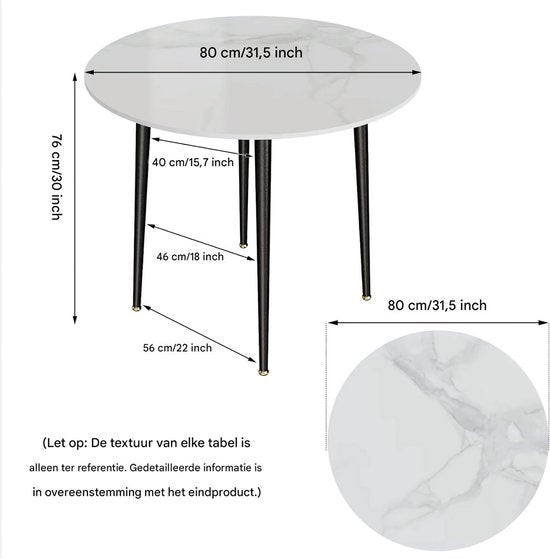 Ronde Eettafel Marmer Tavien - Eetkamertafel - Voor Eetkamer of restaurant - 80 cm - 4 personen - Grijs