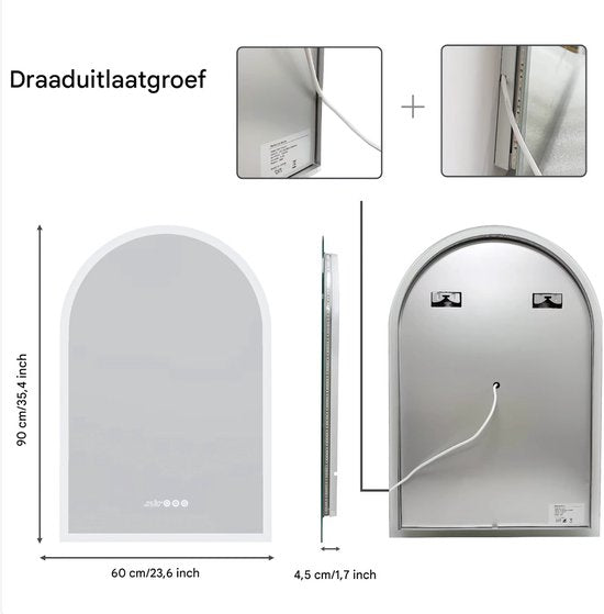 Badkamerspiegel gebogen - Touchpad - Met verwarming en LED verlichting - Bluetooth en muziek - Geen condens - Spiegel voor badkamer - 60x90cm
