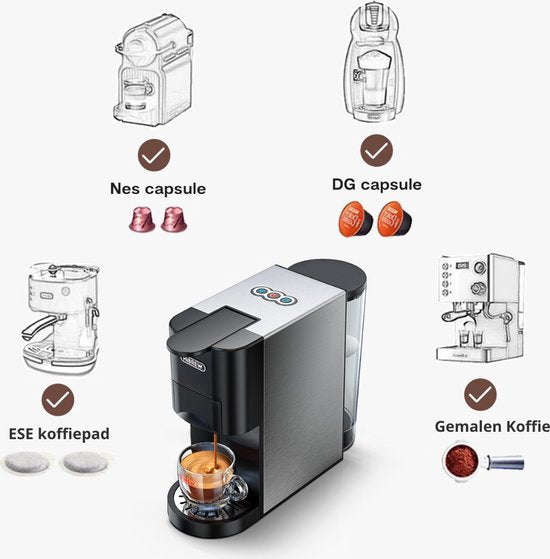 Happyment 4 in 1 Koffiemachine - Koffiezetapparaat - Koffie Automaat - Automatisch - Nespresso - Dolce Gusto - Koffiepoeder - Koffiepads - Met Melkopschuimer