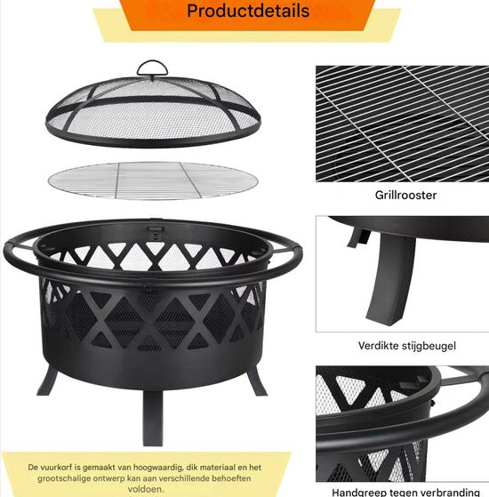 Vuurkorf Tavien met grillrooster - Tuinbarbecue - Vuurschaal - Terrashaard - Rookbarbecue - Voor Buiten BBQ - Voor tuin, terras en winterverwarming - Retro tuinhaard inclusief poker- en houtskoolrooster - Vuurplaats met vonkbescherming - Ø81 cm