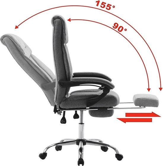 Ergonomische Bureaustoel - Op wielen - Bureaustoel voor volwassenen - Met voetsteun - Grijs - In hoogte verstelbaar - Stof