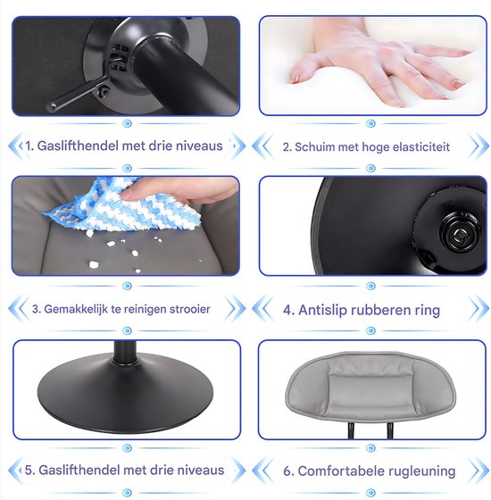 Barkrukken Mumba - Set van 2 - Met rugleuning - Verstelbaar - Voor Keuken, Bar of woonkamer - Draaibaar - Grijs