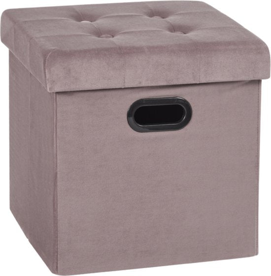 Poef Tulia Deluxe - Met opbergruimte - Voetenbank met opbergruimte - Opbergbox hocker - Zitkist met deskel - Roze - Velvet - 37.5x37.5x38cm