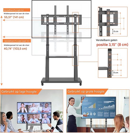 Universele TV vloerstandaard XXL Vaylen - Verrijdbaar - Voor 32"-100" inch - Standaard statief - In hoogte Verstelbaar - Zwart
