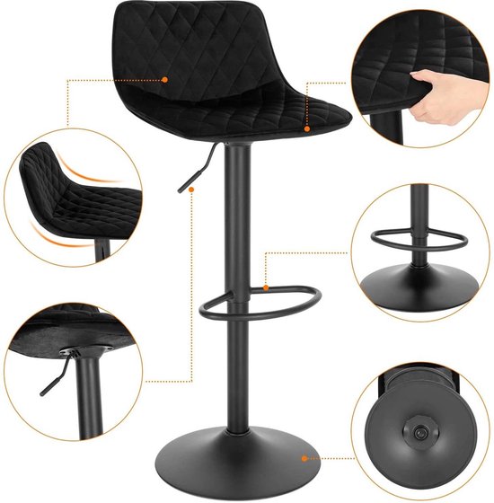 Barkruk - Industrial - Zwart - Velvet - Met rugleuning - In hoogte verstelbaar - Set van 2