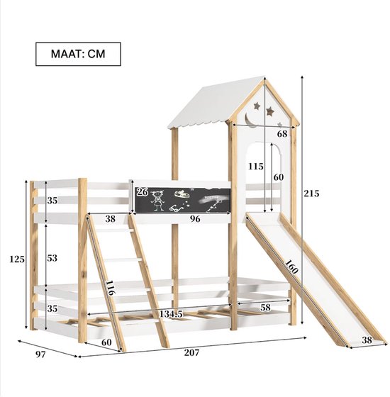 Stapelbed voor kinderen - Met glijbaan - 90x200 cm - 2 kinderbedden - Met Hoektrap, valbeveiliging en raam - Peuterbed