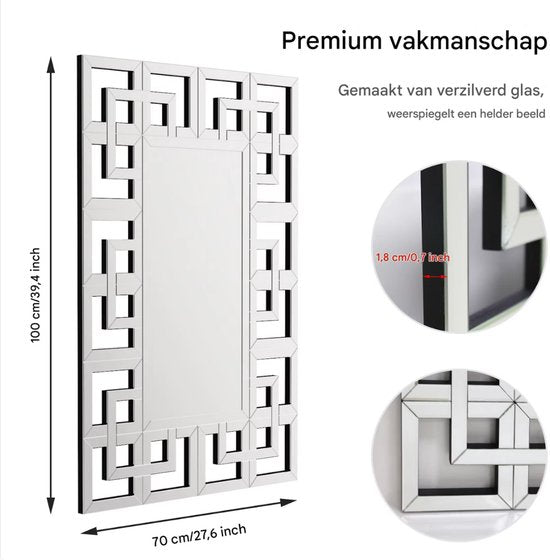 Moderne wandspiegel - Woonkamer & slaapkamer - Rechthoek - Zilver - 100x70CM