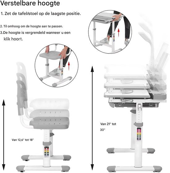Kinderbureau set met in hoogte verstelbare student bureaustoel - Uittrekbare lade voor kinderen, geschikt voor 3-10 jaar studie - Lichtgrijs - 66,5 x 50 x 54–76,5 cm