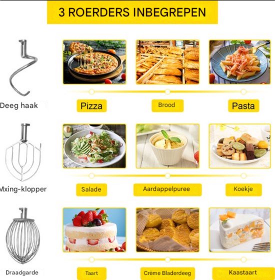 Elektrische Keukenmachine PRO - 3 koppen - Foodprocessor - Keukenrobot - Keukenmixer - Mengkom mixer - 450W - 10L RVS Mengkom