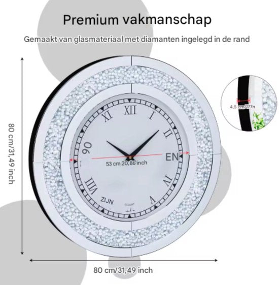 Spiegel klok Opulence - Elegante Spiegel klok - Zilver - Ronde wandspiegel - 80cm - Zonder verlichting - Woonkamer