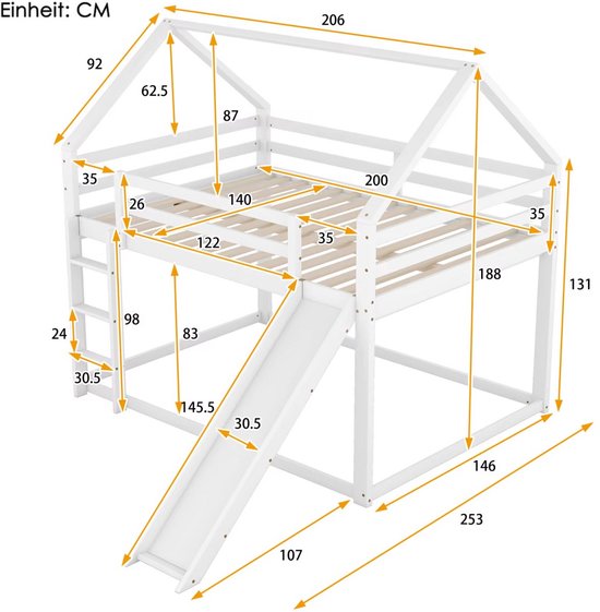 Stapelbed Valora voor kinderen - Met glijbaan - 140x200 cm - 2 kinderbedden - Hoogslaper - Met Hoektrap, valbeveiliging en raam - Peuterbed