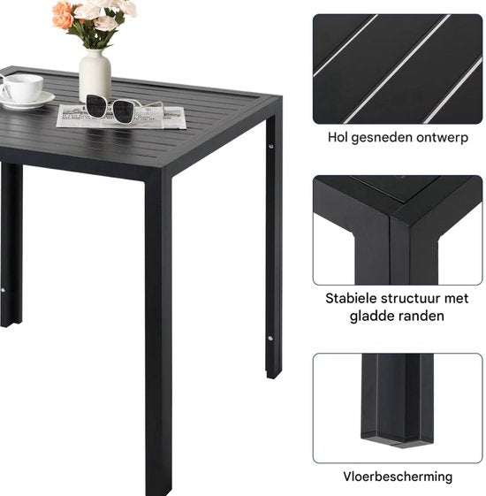 Tuintafel Zyrell - Buitentafel - Eettafel buiten - Weerbestendige Terrastafel - Rechthoekige Aluminium Tafel - 75x75x73 cm - Voor Tuin en Achtertuin - Zwart