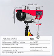 Elektrische Lier - 300-600 kg - Takel - Kabeltakel - 12 m Hefhoogte - 10 m/min - Met afstandbediening