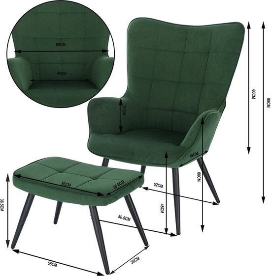 Moderne Fauteuil met hocker - Armleuning - Voetenbank Woonkamer stoel - Corduroy - Groen