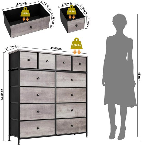 Dressoir kast - Grijs - voor Woonkamer of slaapkamer met 12 Lades - Stof en stalen frame - Ladekast - Opbergkast
