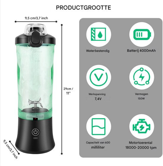Draagbare Miniblender Zyren - USB Oplaadbare Smoothiemixer - 600 ml - Reisblender met Grote Capaciteit - Blend IJs en Smoothies