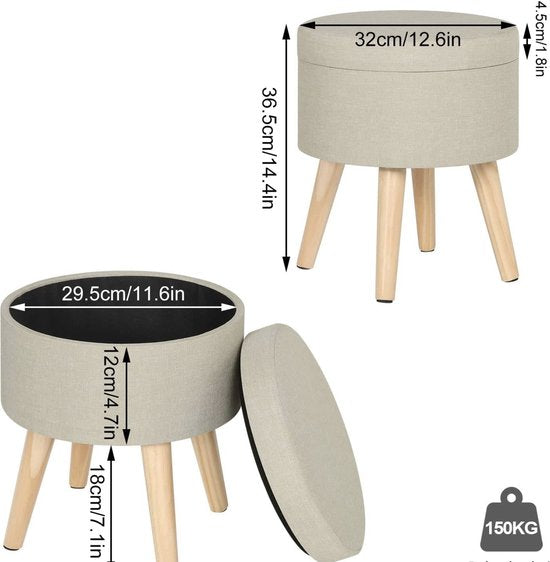 Happyment Poef Livi creme - Met opbergruimte - Opbergbank Poef - Voetenbank - Opbergbox hocker - Zitkist met deskel - Stof - 32 x 32 x 26cm