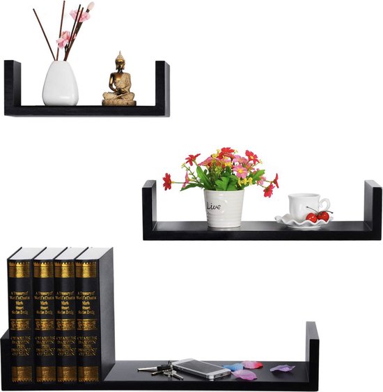 Happyment Zwevende Boekenplank - Wandplank voor tegen de muur - Set van 3 - Wandplanken - Wandrek - Fotoplank kinderkamer - Zwart - Hout MDF