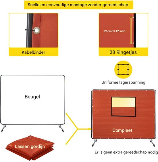 Lasscherm Met Staander – Glasvezel Lasgordijn met Koolstofstaal Frame – Voor Werkplaatsen