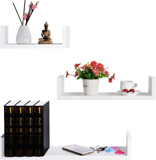 Zwevende Boekenplank - Wandplank voor tegen de muur - Set van 3 - Wandplanken - Wandrek - Fotoplank kinderkamer - Wit - Hout MDF