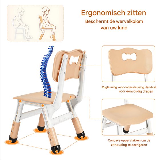 Kindertafel met stoeltjes - 2 stoelen - Activiteiten tafel - Speeltafel Kinderbureau - 3-8 jaar - In Hoogte Verstelbaar - Studeertafel voor Kinderen - Beige