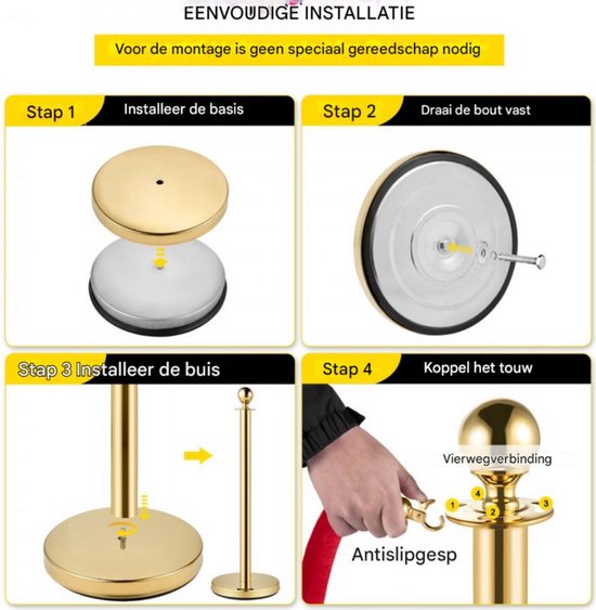 Luxe afzetkoord - 6 meter - Afzetpalen - Afzetlint - Wachtrij Stanchion Barrières - 8-delig