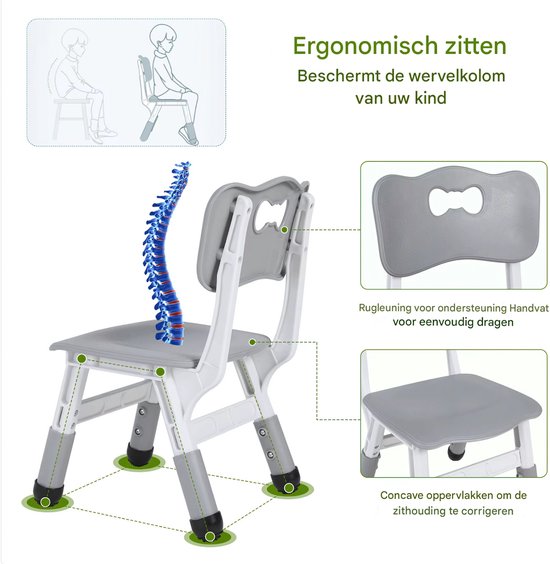 Kindertafel met stoeltjes - 2 stoelen - Activiteiten tafel - Speeltafel Kinderbureau - 3-8 jaar - In Hoogte Verstelbaar - Studeertafel voor Kinderen - Lichtgrijs