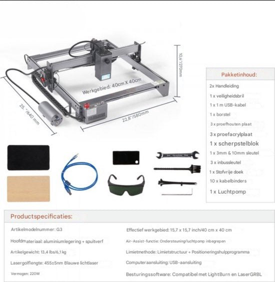 Graveermachine professioneel - 20W Laser - Graveerpen - 40x40cm - Graveerset - Graveerapparaat - Blauwe laser - Voor Hout, leer acryl, staal, glas