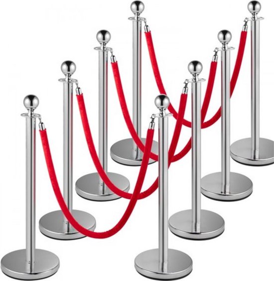 Rode loper paaltjes met touw - 90CM - Afzetpaaltjes - Afzetkoord paal met lint - Touw - Afzetlint Zilver