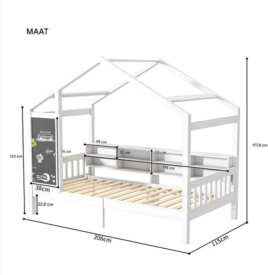 Kinderbed 90 x 200 cm - Voor Kinderen - Huisbed - Peuterbed - Met lattenbodem - Zonder matras