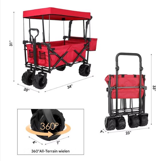 Opvouwbare bolderkar XL - 262L - Opvouwbaar tuinwagen - Met duwstang - Voor buitengebruik - Met verwijderbare luifel en 115 kg capaciteit - All terrain - Rood