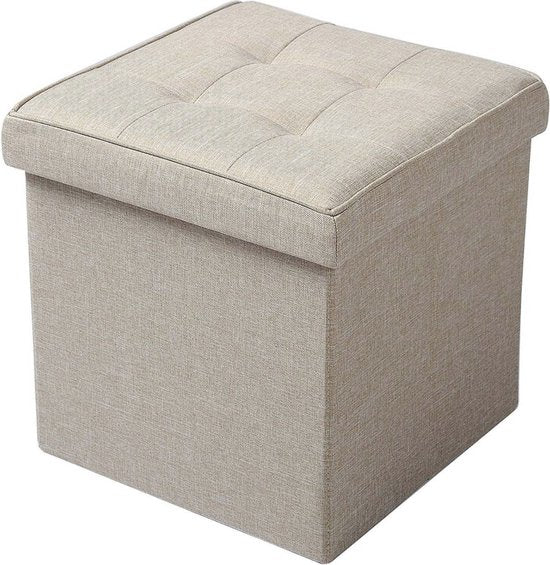 Happyment Poef Beige - Met opbergruimte - Opbergbank Poef - Voetenbank - Opbergbox hocker - Zitkist met deskel - Stof - 50x35x45cm