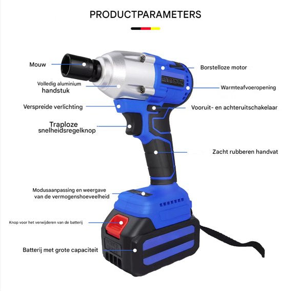 Accu-Slagmoersleutel 1,3cm - 21V - 420Nm Koppel - 3-in-1 Elektrische Moersleutel - Inclusief 2x 6.0Ah Accu’s & Oplader