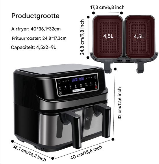 Mini oven - Grill rooster - Bakplaat - Airfryer - Voor Gezinsmaaltijden en Efficiënt Koken - 6-in-1 Slim Design met Dubbele Manden - 10 QT, Ruimtebesparend