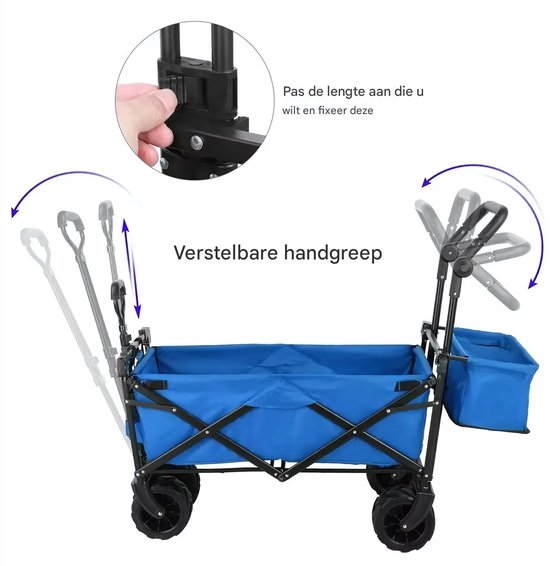 Opvouwbare bolderkar XL - 262L - Opvouwbaar tuinwagen - Met duwstang - Voor buitengebruik - Met verwijderbare luifel en 115 kg capaciteit - All terrain - Blauw