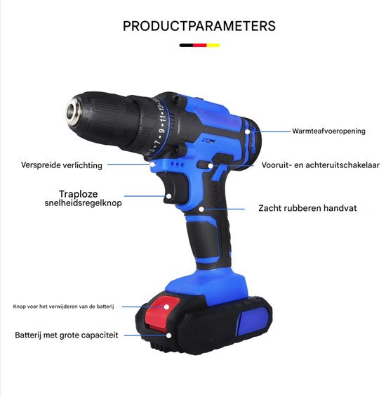 Accuboormachine 21V - Elektrische Schroefboormachine - 1500mAh Accu - 45Nm - 2 Snelheden - 25+1 Koppelstanden