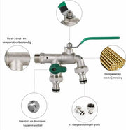 Kogelkraan - Dubbele Aansluiting Tankadapter - Kogeluitlaat - Kraanafvoeradapter voor Algemene Tonnen en Regenwatercontainers - Messing Kraanklep met Kogelkraan