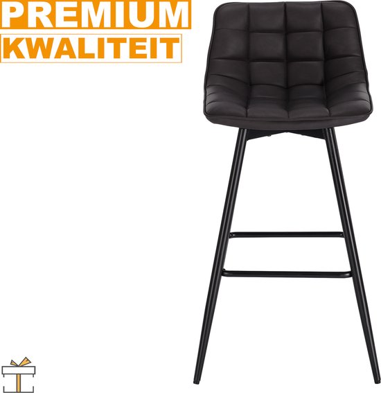 Happyment Leren barkrukken met rugleuning - Set van 2 - Ergonomisch - Keuken - barstoelen - Industrieel/Modern - Zwart - 43x35x88cm