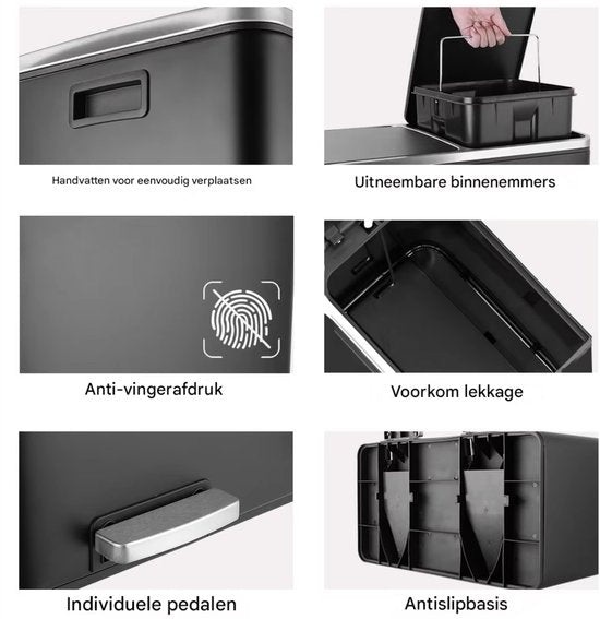 Pedaalemmer 2 vakken - 60L - Prullenbak - Afvalscheiding - RVS - Softclose - Anti-slip - Grijs