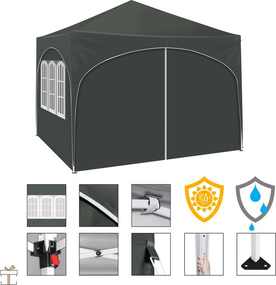 Happyment Luxe Partytent met zijwanden - Grijs - Opvouwbaar - Easy up - Paviljoen - Waterdicht weerbestendig - 3x3 m