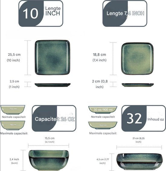 Mix Kleur Serviesset - 16-delig - Voor 4 Personen - Vierkant Design